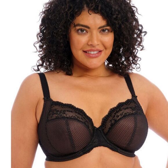 Elomi- Charley- Black Lace Full Figure Underwire Unlined Plunge Bra, Size 36J - Picture 1 of 11